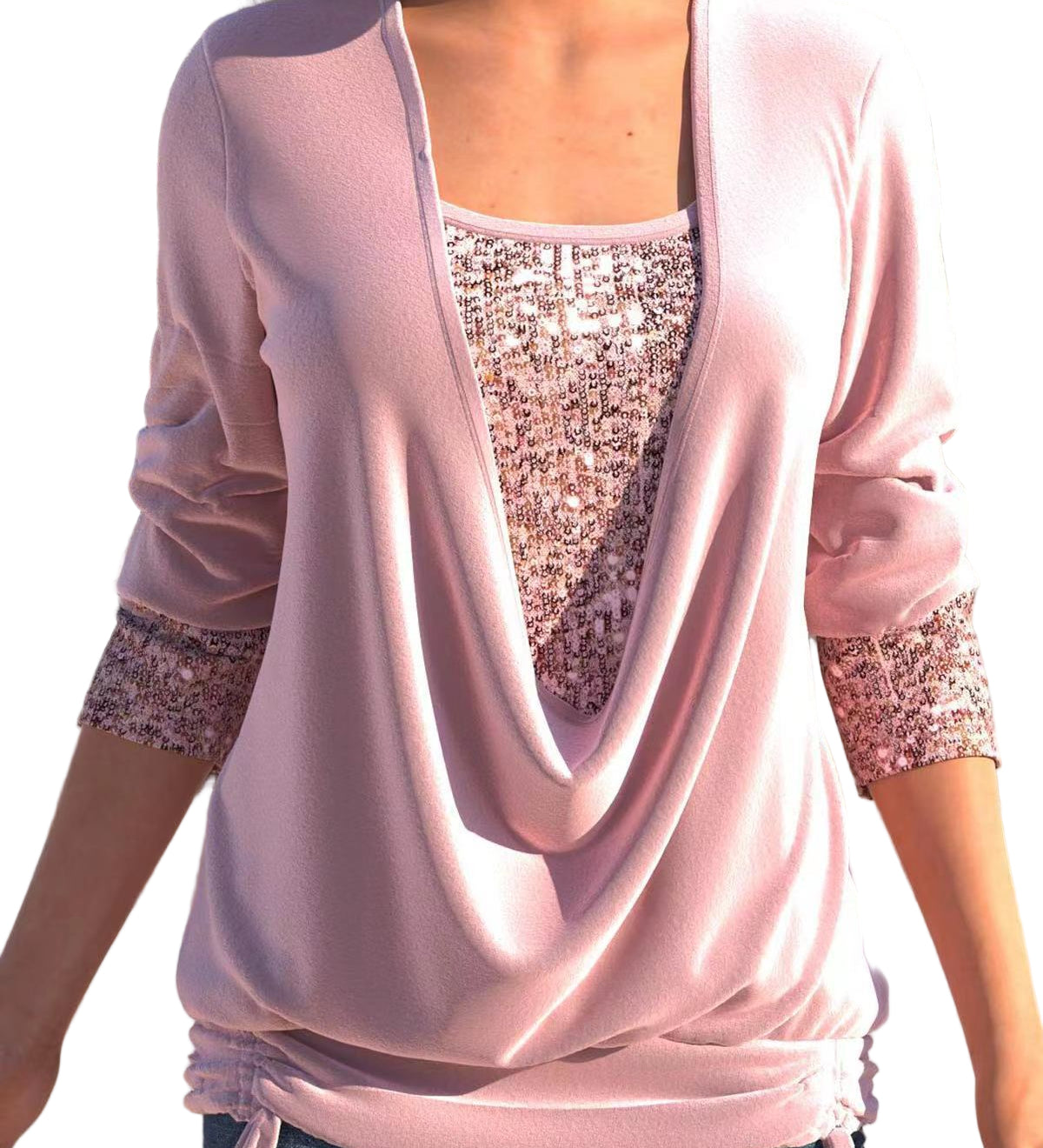 FÁTIMA™ - CAMISOLA FEMININA DE MANGA COMPRIDA COM PAETÊS