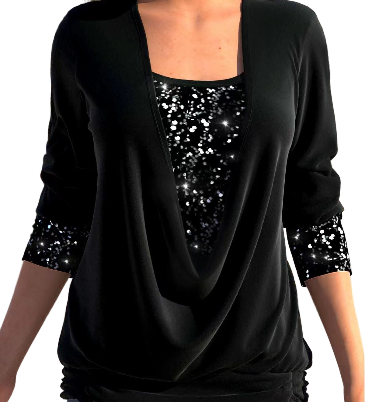 FÁTIMA™ - CAMISOLA FEMININA DE MANGA COMPRIDA COM PAETÊS