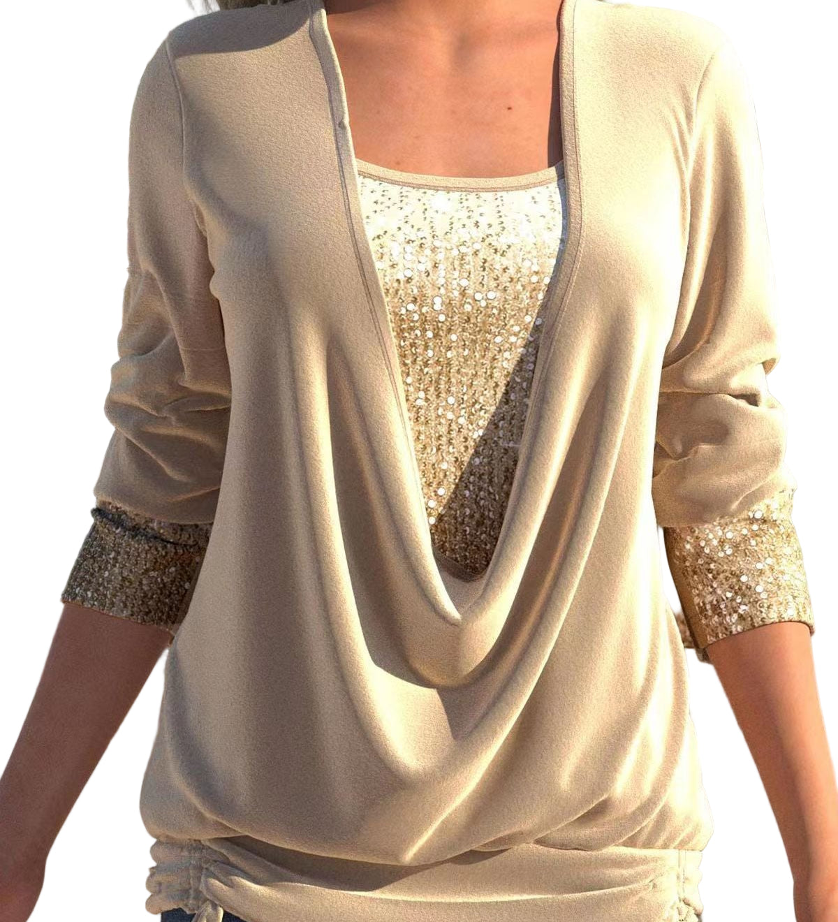 FÁTIMA™ - CAMISOLA FEMININA DE MANGA COMPRIDA COM PAETÊS