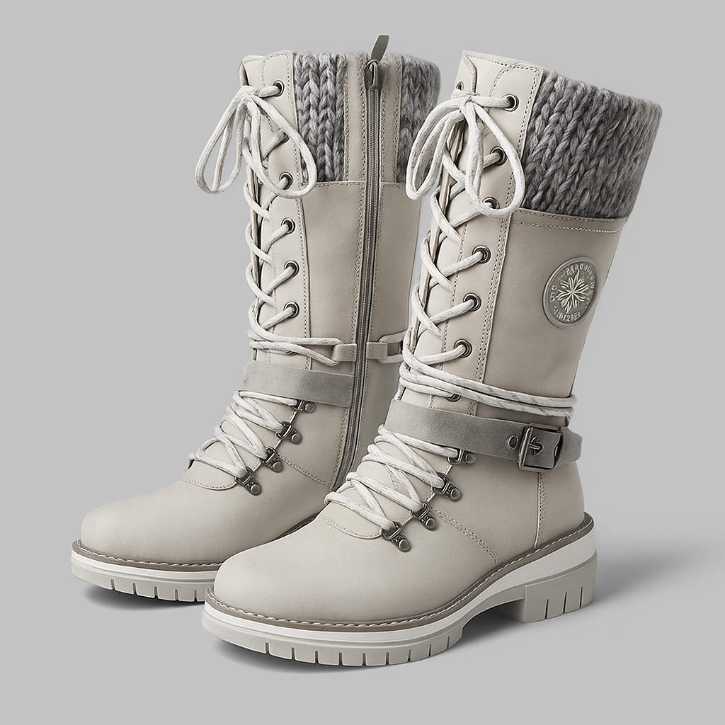 IARA™ – BOTAS ALTAS FEMININAS COM DETALHE EM MALHA E FIVELA