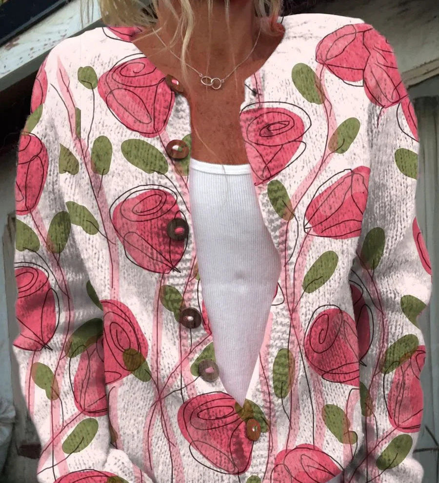 MARIA™ – CASACO COM PADRÃO DE ROSAS COR-DE-ROSA E BOTÕES