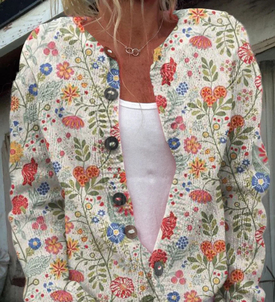 MARIA™ – CASACO COM PADRÃO DE ROSAS COR-DE-ROSA E BOTÕES