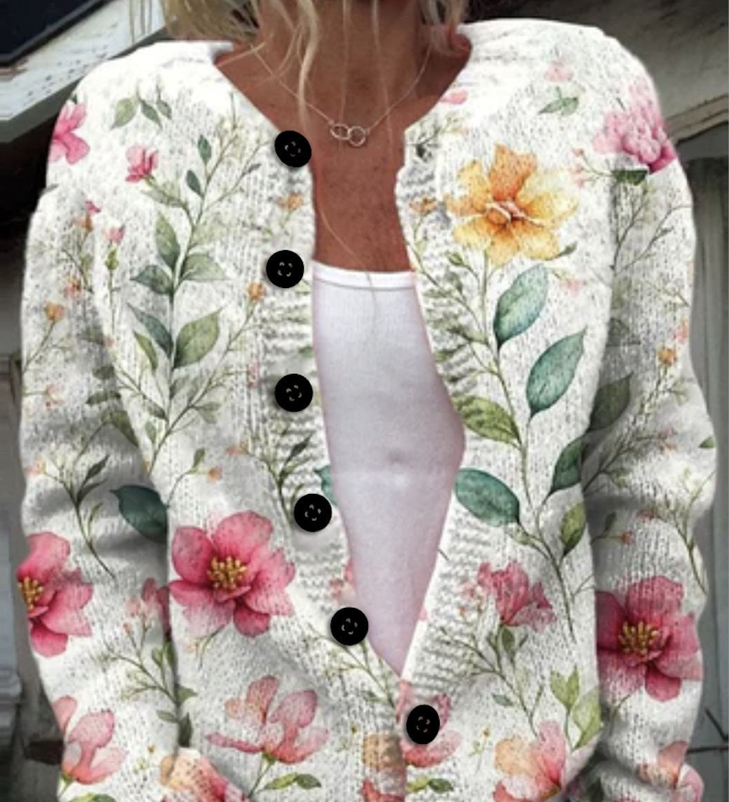 MARIA™ – CASACO COM PADRÃO DE ROSAS COR-DE-ROSA E BOTÕES