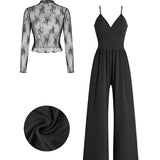 MARYAM™ - CONJUNTO COM T-SHIRT DE RENDA E MACACÃO COM BOLSOS