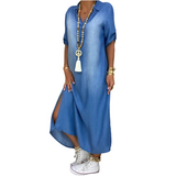 LEA™ – VESTIDO LONGO EM DENIM-LOOK COM RACHAS LATERAIS