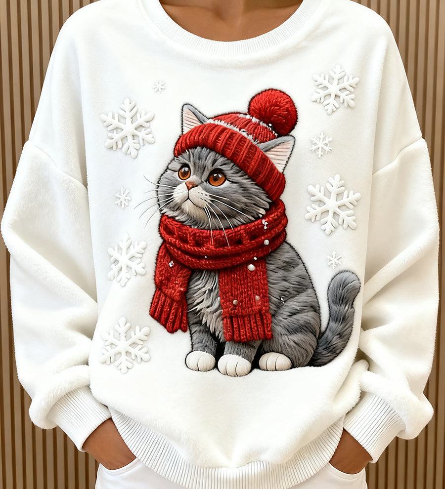 Kvinders Søde Jule Kat Kunst Print Casual Flannel Hoodie