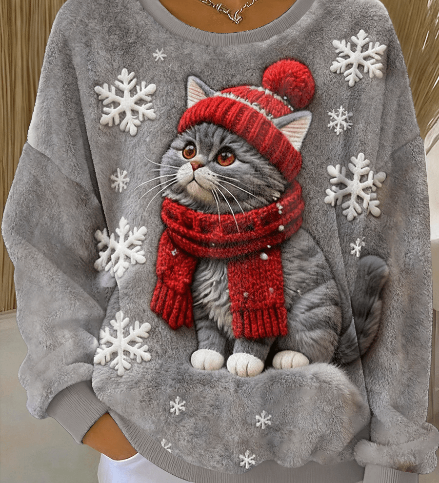 Kvinders Søde Jule Kat Kunst Print Casual Flannel Hoodie