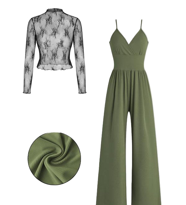 MARYAM™ - CONJUNTO COM T-SHIRT DE RENDA E MACACÃO COM BOLSOS