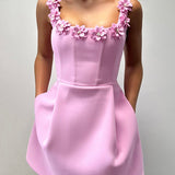 CINDY™ – VESTIDO MINI FEMININO COM APLICAÇÕES FLORAIS