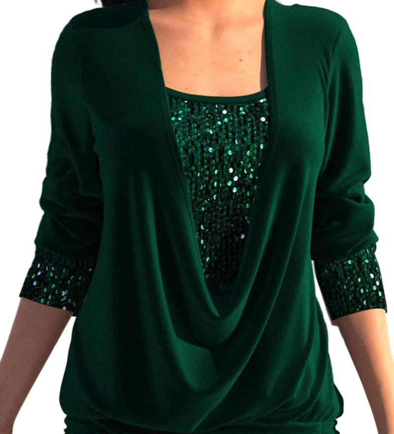 FÁTIMA™ - CAMISOLA FEMININA DE MANGA COMPRIDA COM PAETÊS