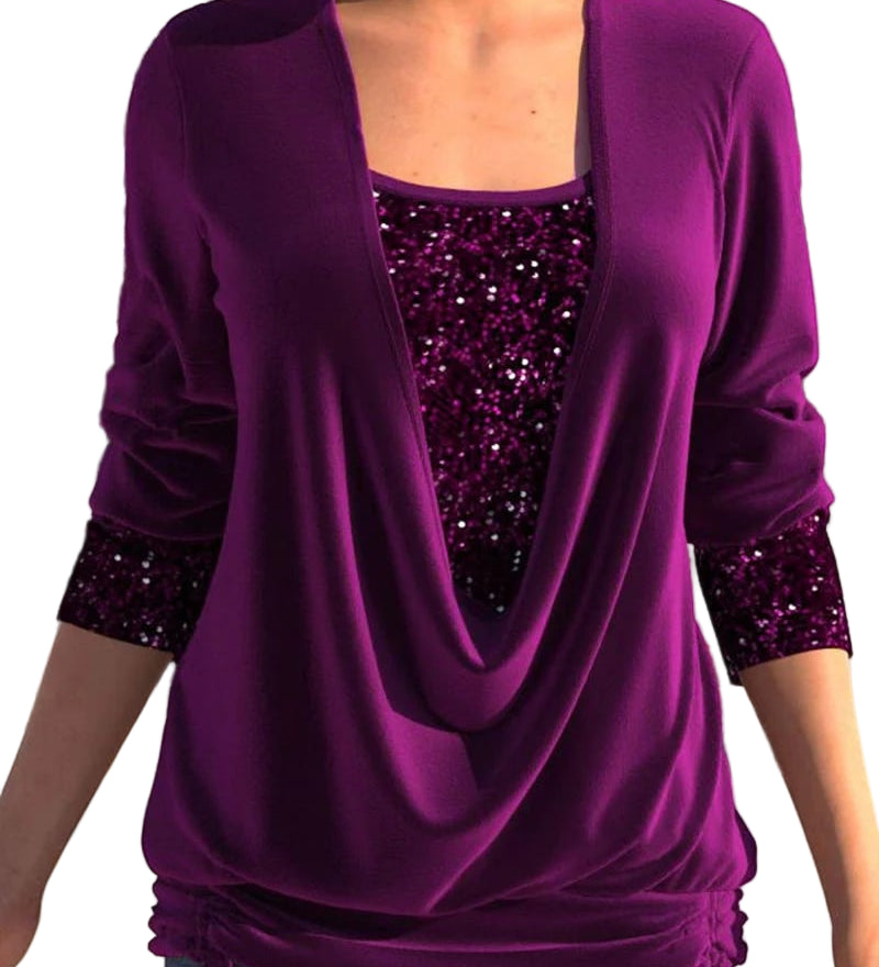 FÁTIMA™ - CAMISOLA FEMININA DE MANGA COMPRIDA COM PAETÊS