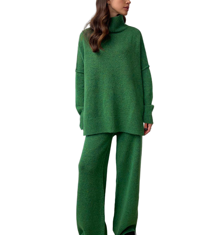 PAULA™ - CONJUNTO DE MALHA COM GOLA ALTA E CALÇAS LISAS