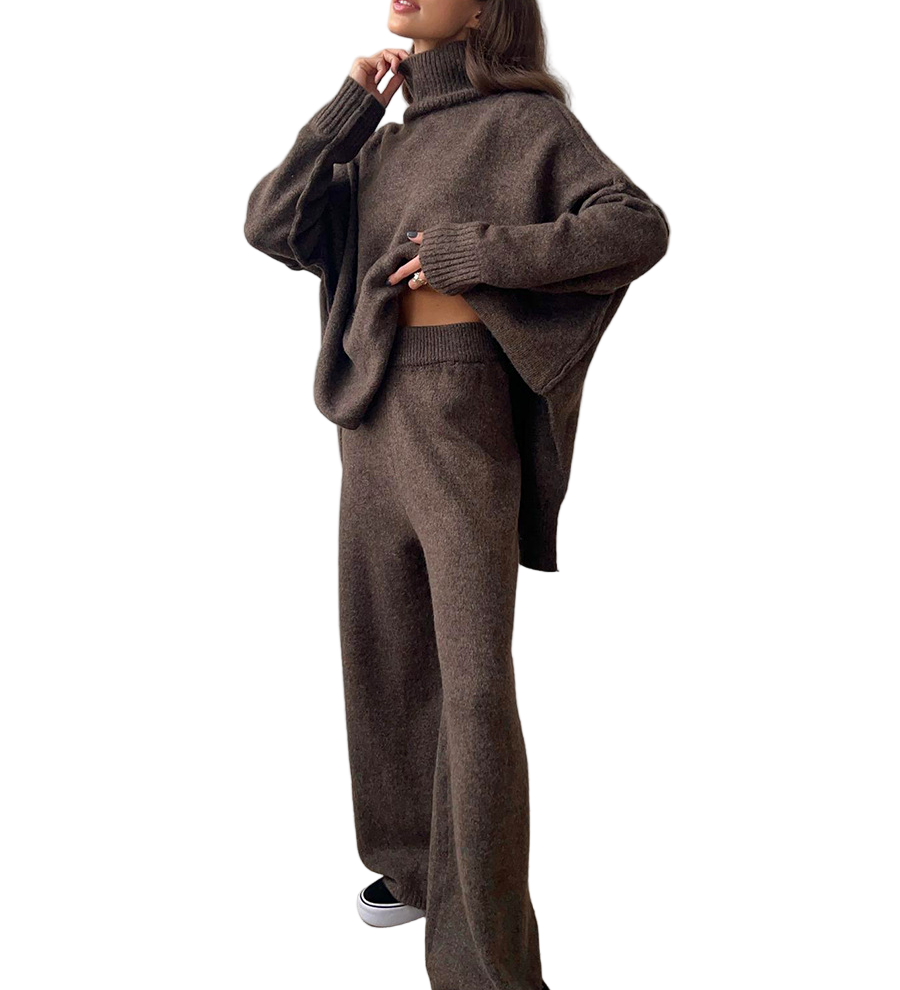 PAULA™ - CONJUNTO DE MALHA COM GOLA ALTA E CALÇAS LISAS