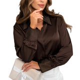 JOANA™ - CAMISA FEMININA DE MANGA COMPRIDA BRILHANTE COM BOTÕES